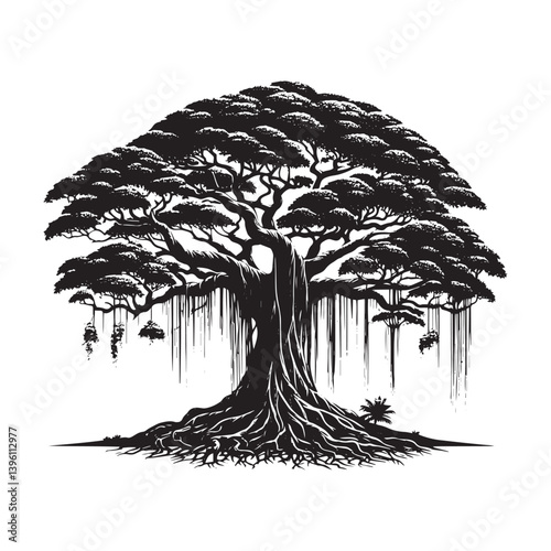 Banyan Tree Vector Silhouette, Majestic Tropical Tree Outline, Nature-Inspired Clipart for Wall Art, Logos, Stickers, Apparel, Digital Prints, Crafts, Posters, and Home Decor.