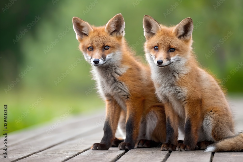Fototapeta premium Two Adorable Red Fox Cubs Sitting On A Wooden Platform In A Forest Glade Posing Calmly, fox, foxes, red fox, fox cub, cubs, young, animal, wildlife, nature, portrait, cute, adorable, furry, wilderness