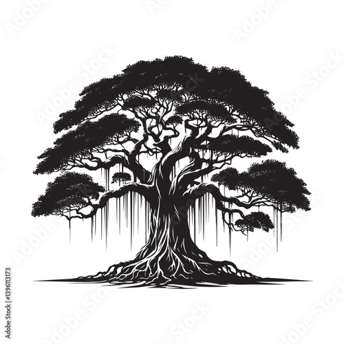 Banyan Tree Vector Silhouette, Majestic Tropical Tree Outline, Nature-Inspired Clipart for Wall Art, Logos, Stickers, Apparel, Digital Prints, Crafts, Posters, and Home Decor.