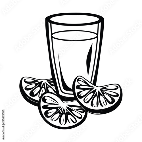 Shot Glass and Orange Slices Illustration, Black and White Minimalist Design, Line Art