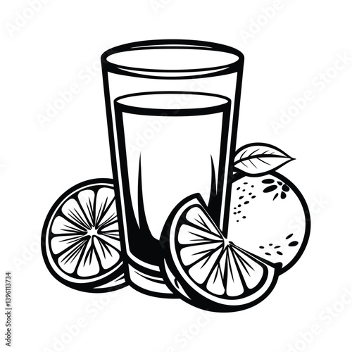 Black and White Line Art Tall Glass, Citrus Fruit, Orange Slices and Single Leaf