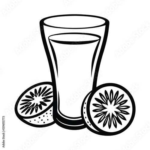 Tall Glass of Orange Liquid with Orange Slices, Black and White Isolated on White