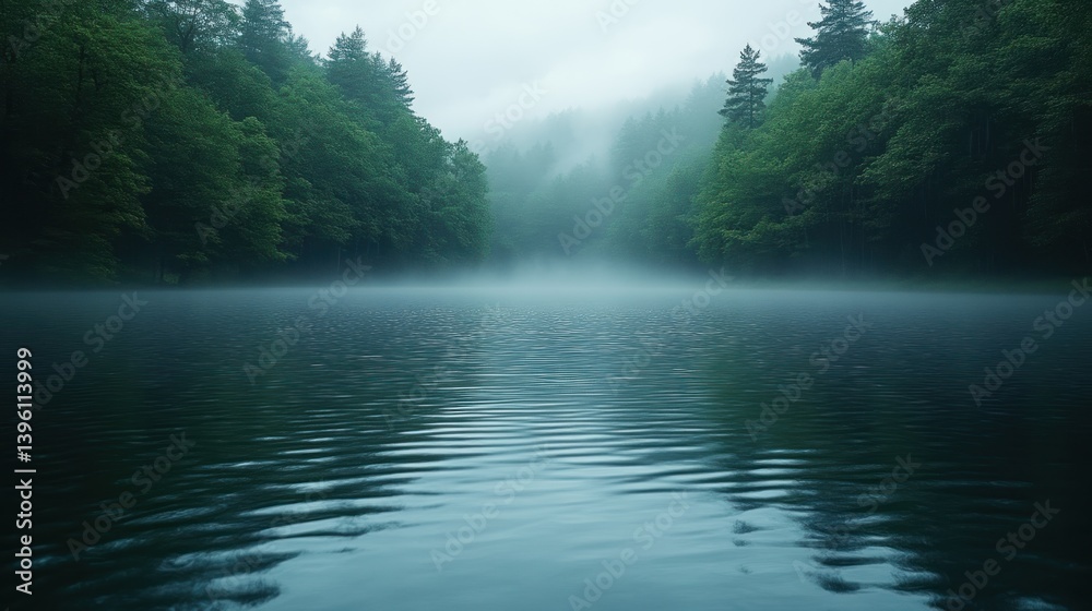 Serene Forest Lake with Misty Atmosphere Calm Water Reflections Natures Tranquility Ideal f Serene Forest Lake with Misty Atmosphere Calm Water Reflections Natures Tranquility Ideal f