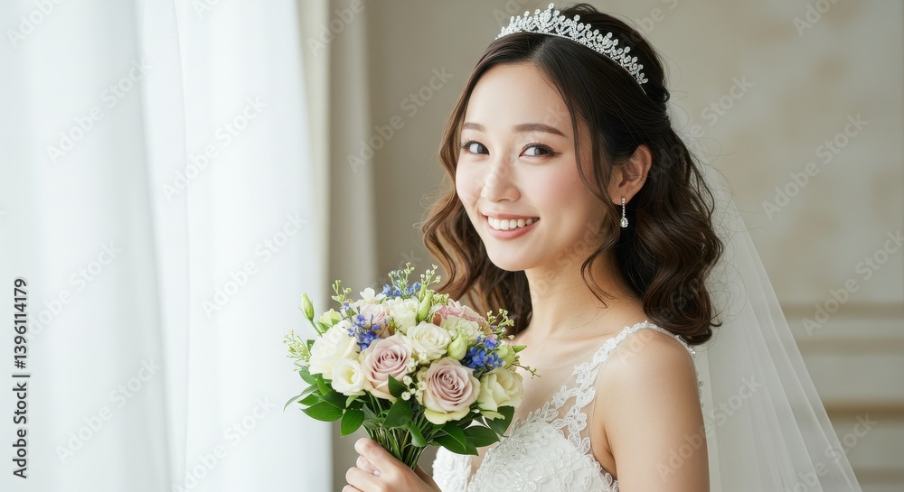Naklejka premium Portrait of a smiling bride holding a bouquet wearing a tiara and veil near a window with curtains