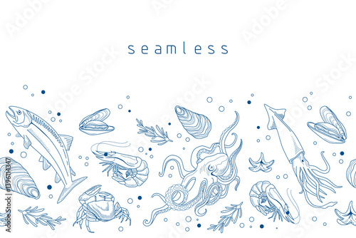 Vector hand drawn seamless pattern with marine elements on white background. Octopus, shrimps, salmon, trout, oysters, mussels, squid, crab for restaurant menu, packaging design