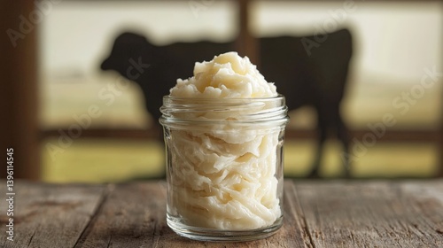 Creamy white beef tallow in glass jar on rustic surface with cow silhouette backdrop