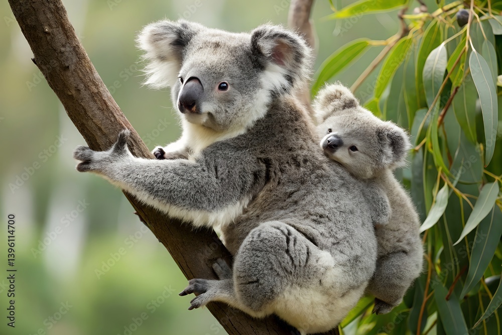 Fototapeta premium Koala Mother With Baby On Back Climbing Eucalyptus Tree In Natural Habitat In Australia Wildlife Conservation Image, koala, baby koala, mother, eucalyptus, tree, animal, wildlife, nature, australia
