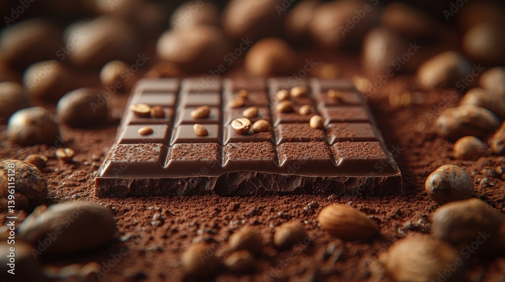 Dark chocolate bar surrounded by nuts and cocoa powder Dark chocolate bar surrounded by nuts and cocoa powder