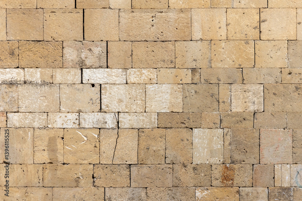 Front view of a natural shell rock stone brick wall, background texture