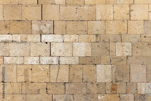 Obraz na płótnie Front view of a natural shell rock stone brick wall, background texture w salonie