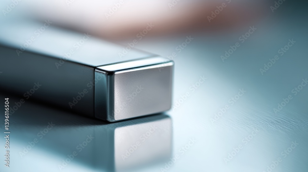 Sleek metallic object surrounded by soft reflections on smooth surface Sleek metallic object surrounded by soft reflections on smooth surface