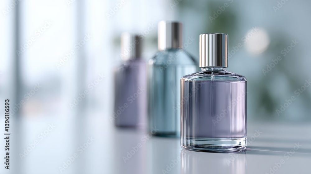 Elegant glass perfume bottles with silver caps on reflective surface Elegant glass perfume bottles with silver caps on reflective surface