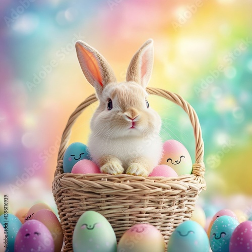 Cute bunny inside a basket, surrounded by painted eggs with smiling faces, pastel rainbow background.