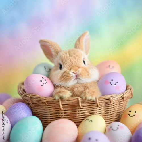 Cute bunny inside a basket, surrounded by painted eggs with smiling faces, pastel rainbow background.