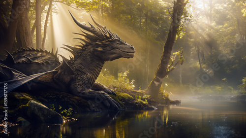 Dragon in Sunlit Enchanted Forest by Tranquil Pond