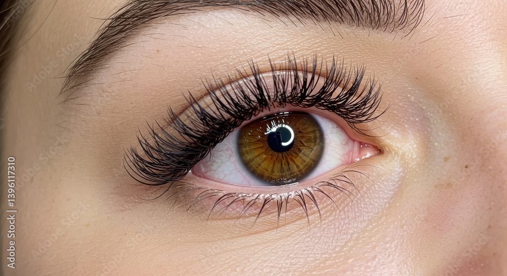 Obraz premium A close up of a hazel eye with long eyelashes and a defined eyebrow in a beauty shot style image