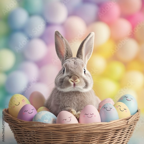 Cute bunny inside a basket, surrounded by painted eggs with smiling faces, pastel rainbow background.