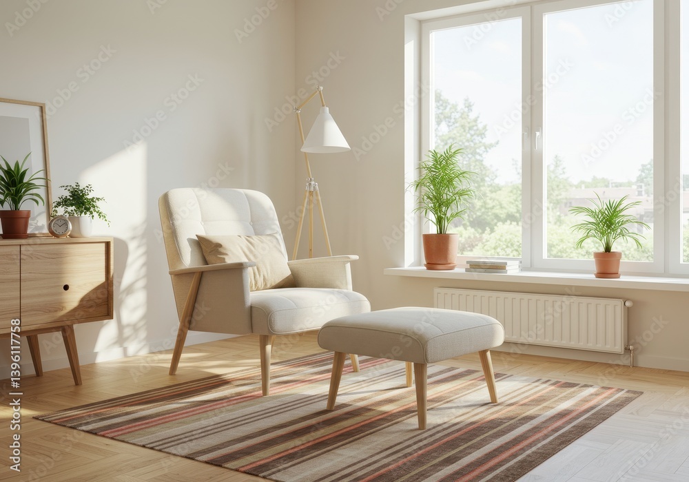 Fototapeta premium Modern minimalist living room with cream armchair, striped rug, light wood furniture, and plants in bright Scandinavian-style space