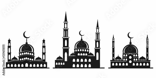 Black and White Mosque Silhouette Vector | Religious Islamic Architecture Buildings with Domes Minarets Crescent Moons Muslim Culture