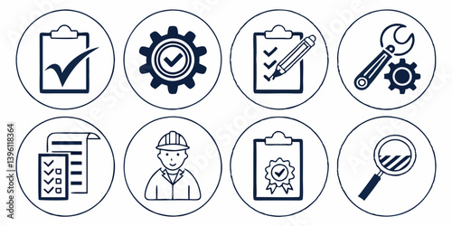Quality Control Process Management Icons Set - Inspection Checklist Audit Certification Engineering Maintenance Vector Blue White Circle Outline Graphic Symbols