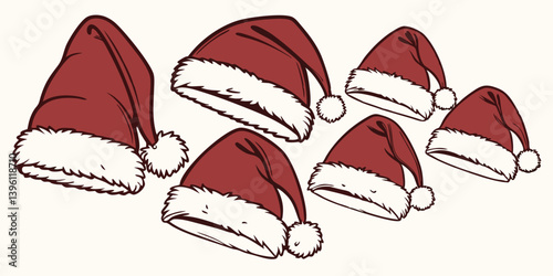 Many Festive Seasonal Winter Cartoon Christmas Holiday Santa Hats Collection of Red & White Trim Decorative Vector Graphic Design Elements Clip Art Image Background
