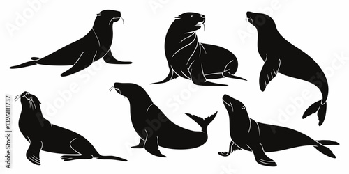 Sea Lion Silhouettes Vector Art Black and White Marine Wildlife