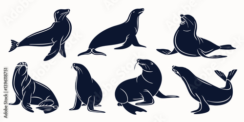 Navy Blue Sea Lion Silhouettes Vector Art of Marine Mammals