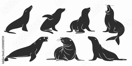 Black and White Seal Silhouettes Vector Graphic Set - Marine Mammals Sea Lions Collection in Different Poses Wildlife Animals Vector Illustration Art Design Elements