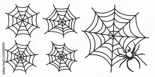 Spooky Black and White Halloween Spiderweb Vector Line Art Graphics Set Illustration Spider Image Design Element for Scary Halloween Decorations Design Elements