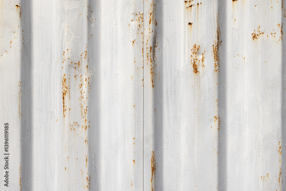 Rust spots are over white paint on corrugated metal, background texture