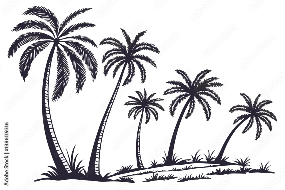 Fototapeta premium Black and White Palm Tree Sketch Tropical Beach Scene Multiple Palm Trees Line Art Nature Scenery Graphic Design