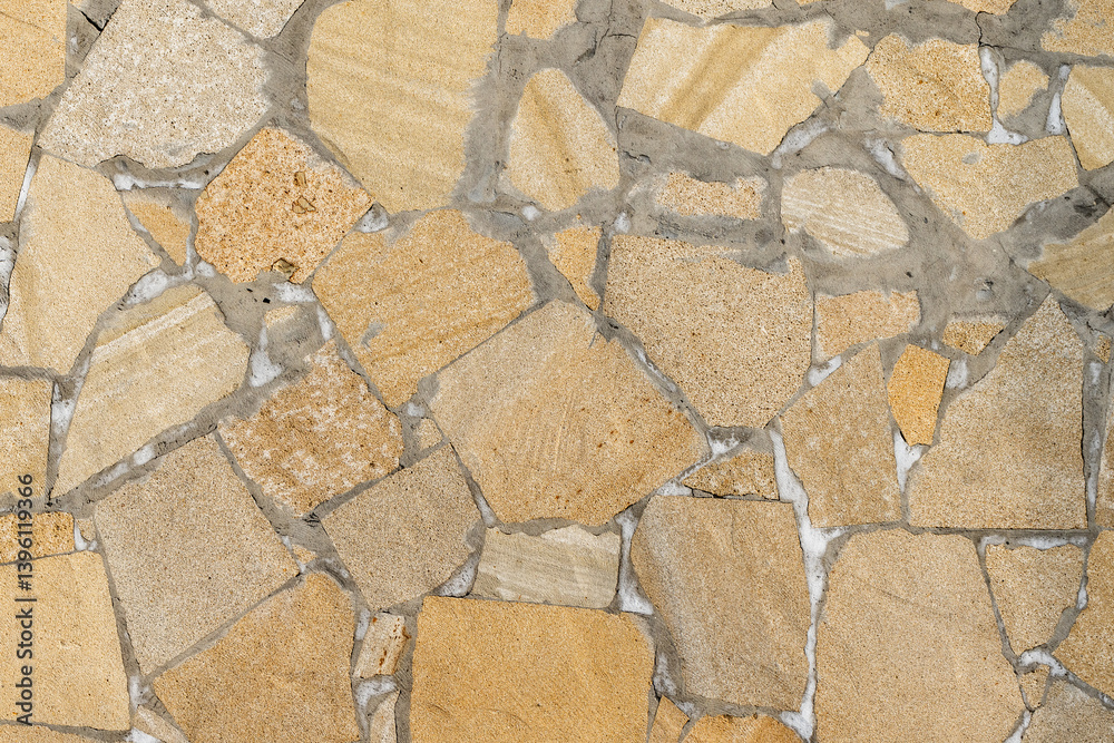 Yellow and beige mosaic-style stone wall offering a rough texture