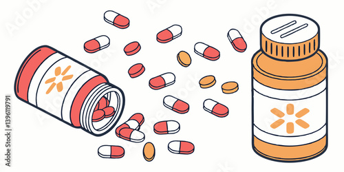 Medicine Pills Bottles Red White Capsules Yellow Tablets Scattered Cartoon Vector Health Pharmacy Illustration