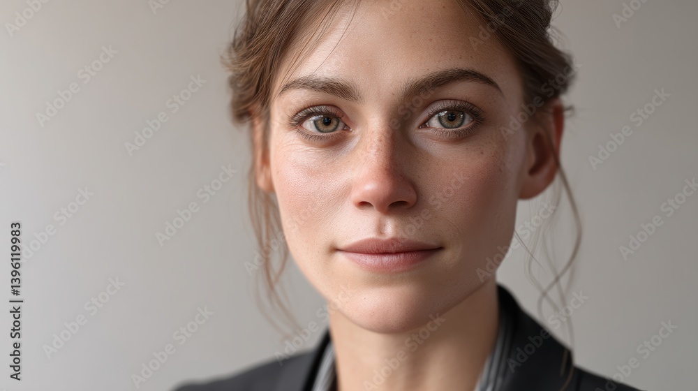 Young caucasian female with brown hair and green eyes in formal attire Young caucasian female with brown hair and green eyes in formal attire