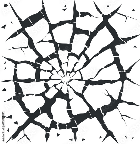 An abstract graphic featuring a radial crack pattern in black and white.