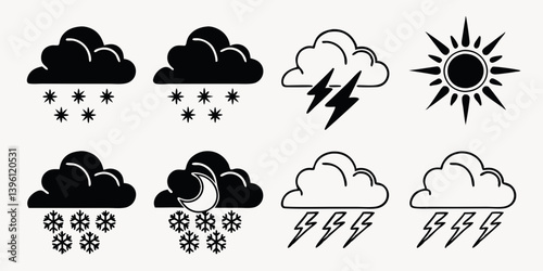 Black and White Weather Icons Vector Set Clouds Sun Rain Snow Lightning Clipart for Meteorology Climate Weather Forecast
