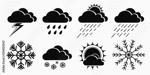 Black and White Weather Icons: Thunderstorm Rain Snow Sun Clouds Forecast Symbols Clipart Vector Graphic