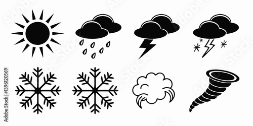 Weather Icons Sun Rain Thunderstorm Snow Wind Tornado - Black and White Vector Symbols for Weather Forecast