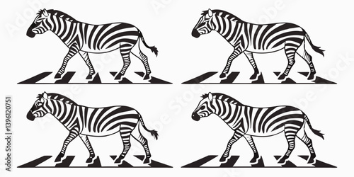 Black and White Vector Illustration Four Zebras Crossing a Zebra Crossing Road