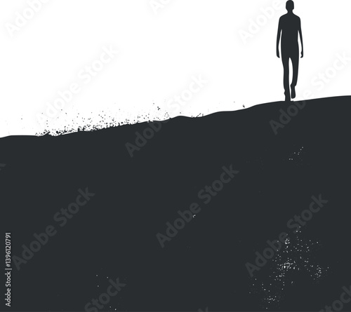 A minimalist silhouette of a person walking along a horizon in a serene landscape.