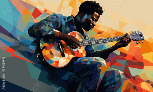 Afro-American male musician guitarist playing a guitar in an abstract cubist style painting for a poster or flyer
