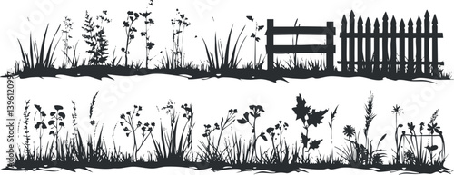 A decorative silhouette of grass and wildflowers with a fence for garden or landscape design.