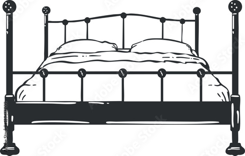 A stylish black and white illustration of a classic metal bed frame with bedding.