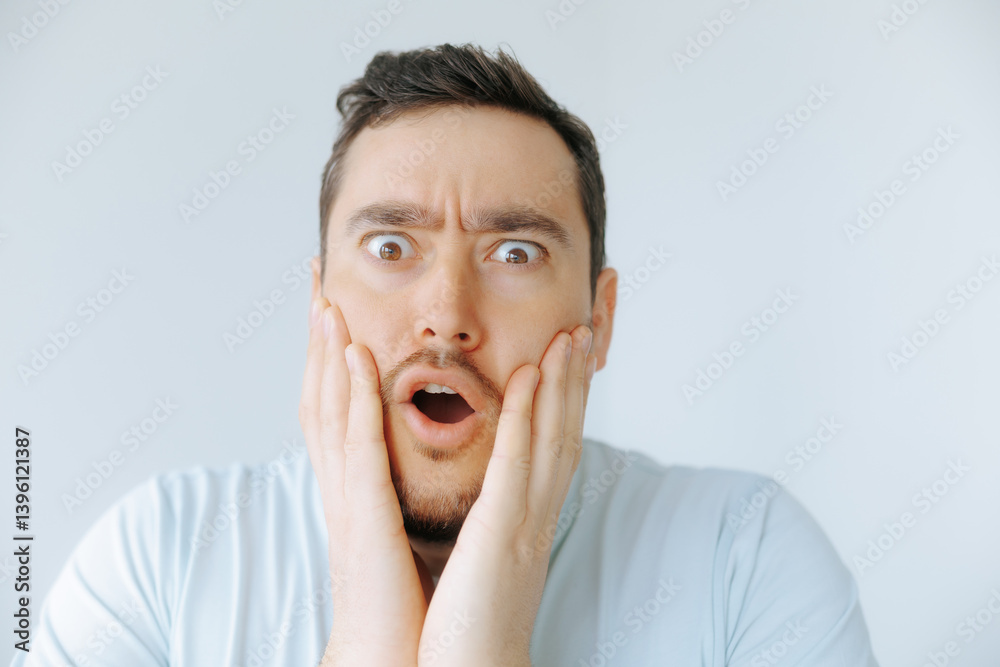 Man expressing surprise with hands on face in well-lit indoor setting Man expressing surprise with hands on face in well-lit indoor setting
