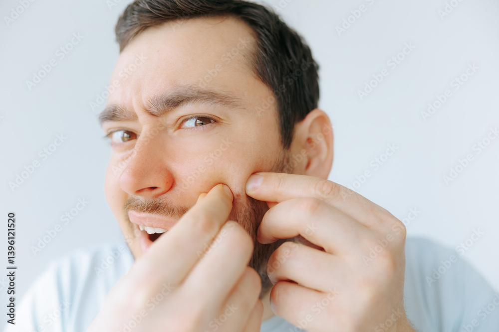 Man performs grooming routine while examining his facial hair at home Man performs grooming routine while examining his facial hair at home