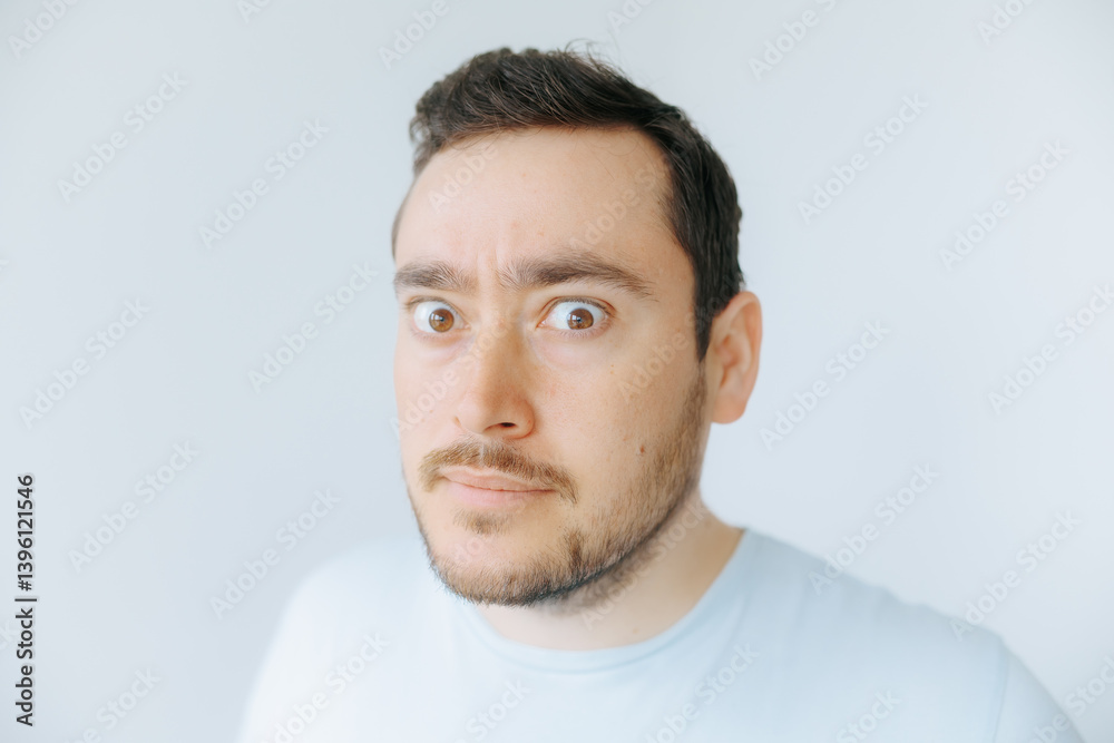 Man with wide eyes shows surprise in a light, casual setting Man with wide eyes shows surprise in a light, casual setting