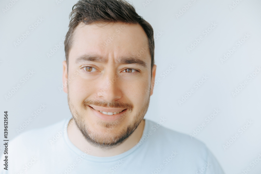 Fototapeta premium Smiling man with light beard and casual shirt against simple background