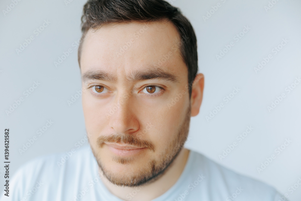 Obraz premium Focused man with brown eyes and light shirt in neutral background