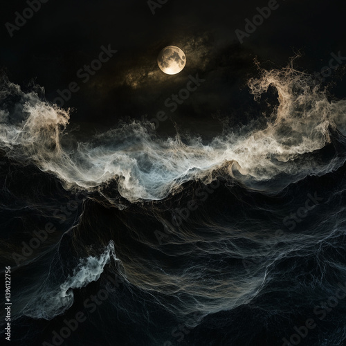 A mystical and panoramic view of waves on an ocean under a full moon, for powerful and evocative images. Generative AI 