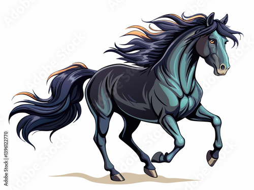 A vector illustration of a galloping black horse with a flowing mane, isolated on a white background